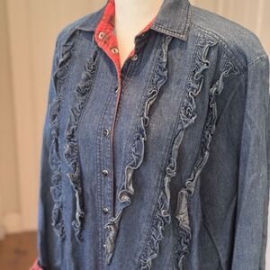 Vtg y2k Denim Ruffled Shirt Sz M Red Plaid Flannel Snap Button Top Cabin Western
